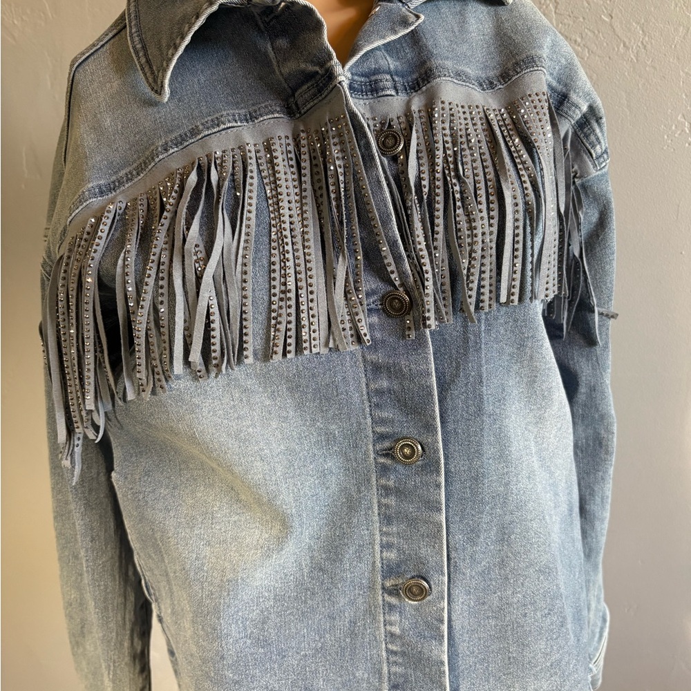 DG2 Diane Gilman Fringe and Sequin Lightweight Denim Jacket XS